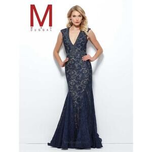 Mac Duggal Women's Maxi Evening Gown Beaded Dress In Sapphire/Nude $1050